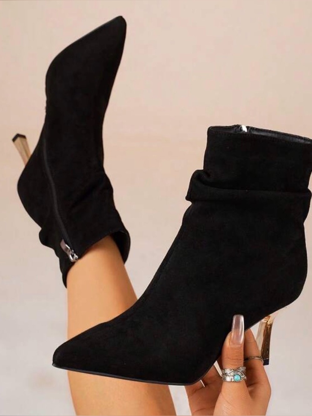Women's Black Pointed Toe Ankle Boots with Gold Heel Size 10